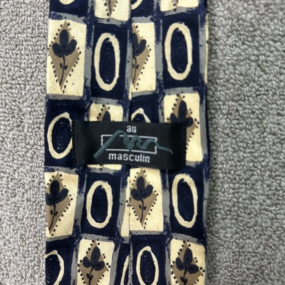 Au Masculin Watson Brothers Silk Tie Navy Blue Tan Geometric Floral Made Canada